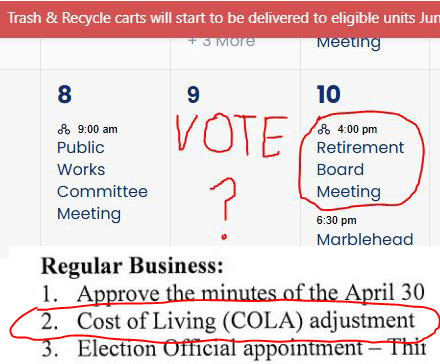 Town calendar showing no Election Day on June 9 but Retirement Board Meeting on June 10